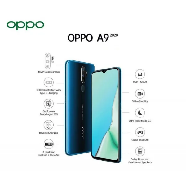 Second-hand 100% Original!!! OPPO A9 2020 6+128GB,Marine Green, Space Purple, Vanilla Mint,6.5 inches(Free Charger) 