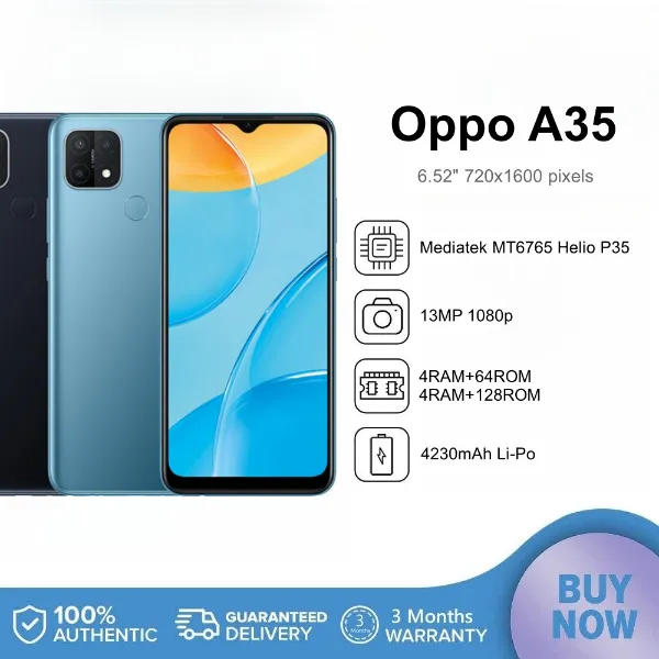 Second-hand Original  OPPO A35 6+128GB / 6.52'' 60Hz LCD Screen 4230mAh Battery Good,	Black, White, Blue,100% Original